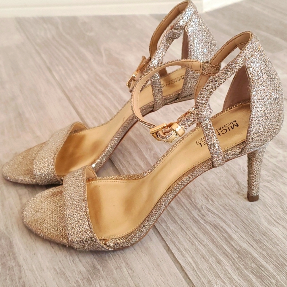 Michael Kors Ava Size Sand Glitter Mid-Heel Sandals Shoes W/Ankle Strap - Picture 4 of 16